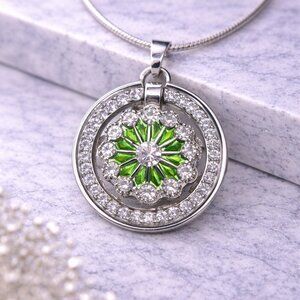 Silver Interchangeable Rhinestone Snap Necklace Green Flower 925 Chain